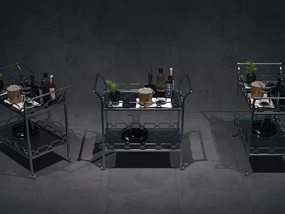 Sturdy Commercial Metal Storage Carts With Three Units Holding Bottles Jars And Plants 3d model