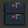 Practical Stacked Blue Storage Boxes Featuring Red And White Patterns And Brown Handles