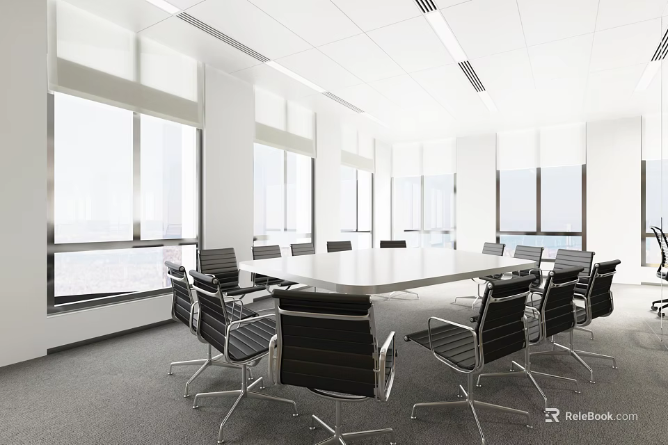 Modern Conference Room Interior Design With Large Windows Spacious Layout And Comfortable Chairs 3d model