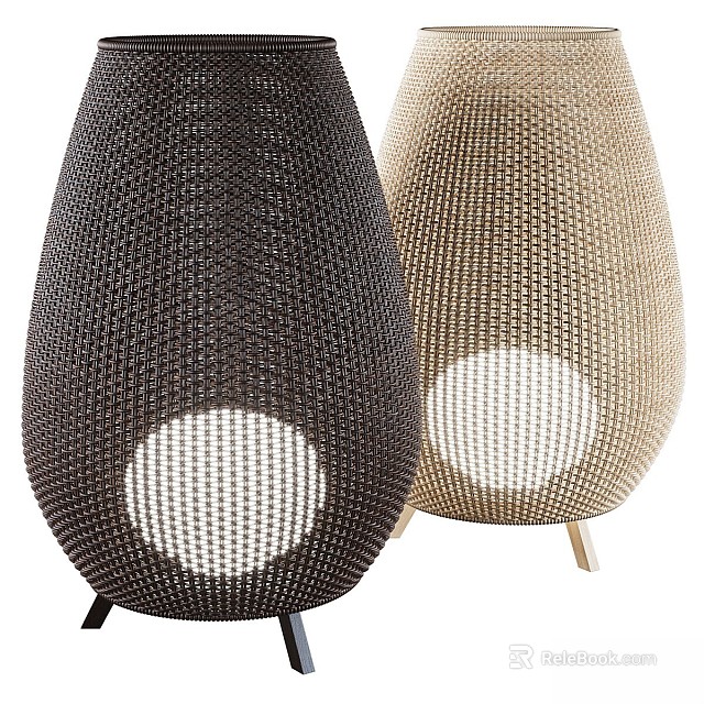 Woven Outdoor Lights with Black Beige Open Weave Round Light Panels and Metal Stands 3d model 