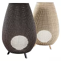 Woven Outdoor Lights with Black Beige Open Weave Round Light Panels and Metal Stands