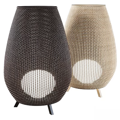 Woven Outdoor Lights with Black Beige Open Weave Round Light Panels and Metal Stands 3d model