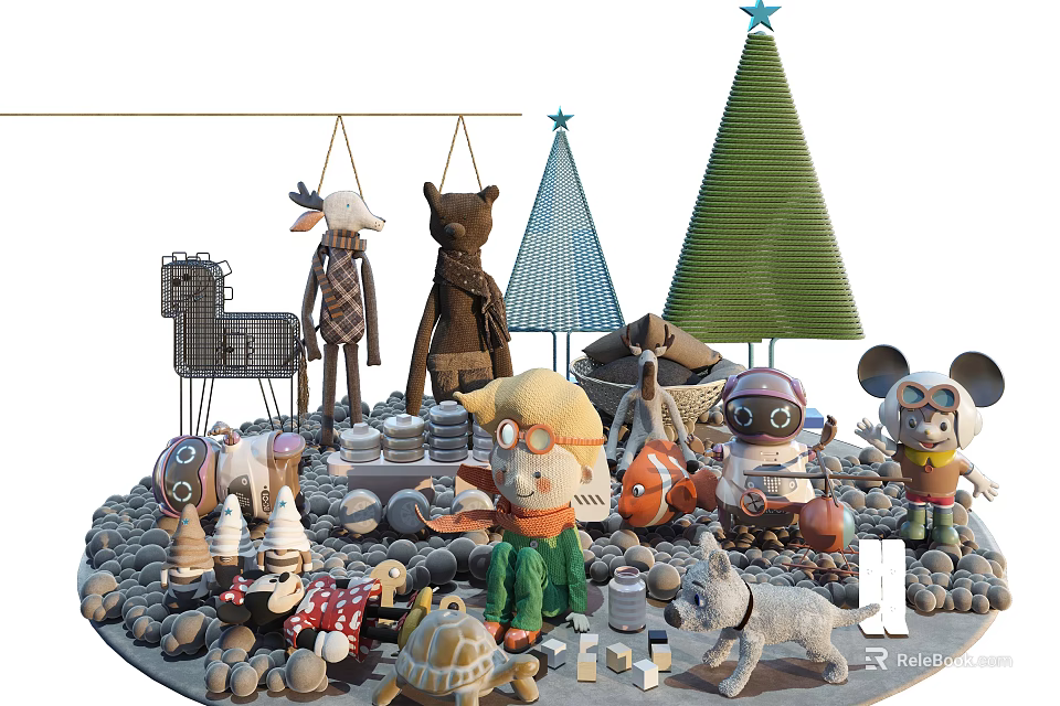 Festive Christmas Decorative Dolls with Animal Shapes Green Blue Trees Stones and Mushrooms 3d model 