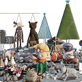 Festive Christmas Decorative Dolls with Animal Shapes Green Blue Trees Stones and Mushrooms