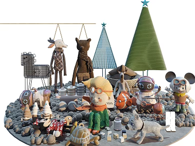 Festive Christmas Decorative Dolls with Animal Shapes Green Blue Trees Stones and Mushrooms 3d model