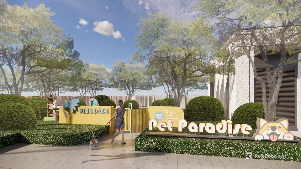 Pet Paradise Park Area With People Walking Pets Green Trees And Lush Greenery 3d model 