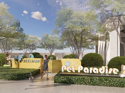 Pet Paradise Park Area With People Walking Pets Green Trees And Lush Greenery 3d model