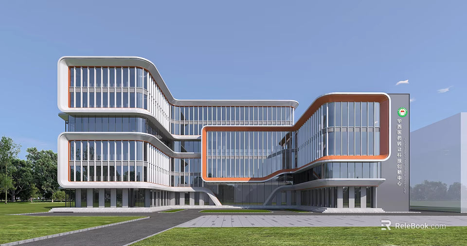Modern Office Building With Glass Curtain Wall Orange Accents Curved Design And Spacious Courtyard 3d model 
