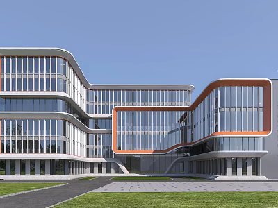 Modern Office Building With Glass Curtain Wall Orange Accents Curved Design And Spacious Courtyard 3d model