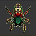 Colorful Spider with Green Red Spots Striped Legs and Shiny Exoskeleton Against Dark Background