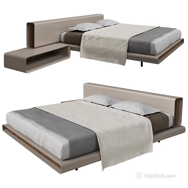 Modern Double Bed With Minimalist Headboard Low Profile Frame And Gray Bedding 3d model