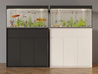 Two Fish Tanks With Black And White Cabinets Containing Fish And Aquatic Plants 3d model