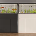 Two Fish Tanks With Black And White Cabinets Containing Fish And Aquatic Plants