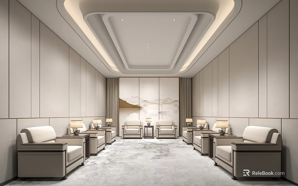 Elegant Hotel Public Lounge With Gray Sofas Coffee Tables Soft Ceiling Lighting Decorative Backdrop Wall 3d model 