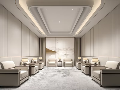 Elegant Hotel Public Lounge With Gray Sofas Coffee Tables Soft Ceiling Lighting Decorative Backdrop Wall 3d model