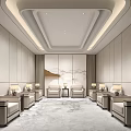 Elegant Hotel Public Lounge With Gray Sofas Coffee Tables Soft Ceiling Lighting Decorative Backdrop Wall 3d model