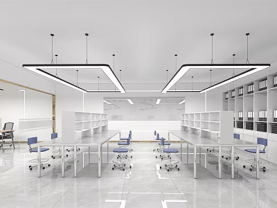Modern Spacious Bright Laboratory Interior With Long Tables Blue Chairs White Shelves And Ceiling Lights 3d model