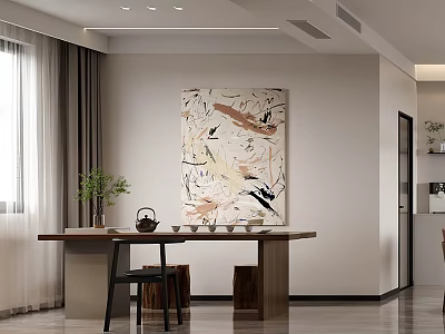 Modern Tea Room Interior With Long Table Tea Sets And Art Painting 3d model