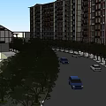 Vibrant Commercial Street With Modern Buildings Parked Cars Green Trees And Pedestrian Walkways