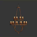 Orange Metal Chandelier With Multiple Candle Shaped Lights And Decorative Frame