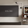 Walnut TV Stand with Large Screen TV Storage Drawers and Decorative Wall Art