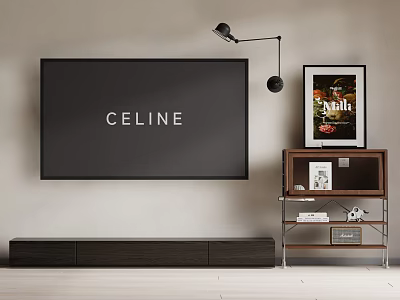 Walnut TV Stand with Large Screen TV Storage Drawers and Decorative Wall Art 3d model