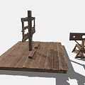 Medieval Wooden Structure With Cross Frame Platform And Metal Fittings