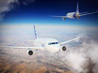 Passenger Planes Flying In Blue Sky With Clouds And Earth Landscape 3d model