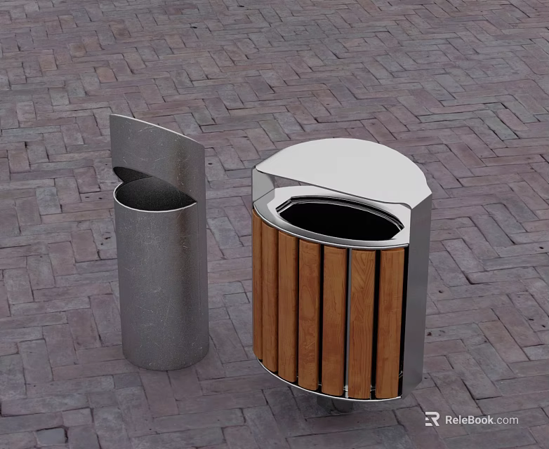 Outdoor Metal And Wooden Slat Trash Cans On Brick Pavement Design 3d model 