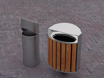 Outdoor Metal And Wooden Slat Trash Cans On Brick Pavement Design 3d model