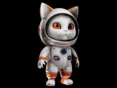 Adorable White Cat Doll Wearing Orange Trimmed Astronaut Suit Collectible Plush Toy 3d model