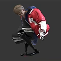 Cyborg Character In Red And White Jacket With Mechanical Legs Crouching On Reflective Surface