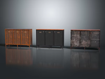 Three Stylish Entryway Side Cabinets With Wooden Black And Distressed Finishes And Drawer Details 3d model