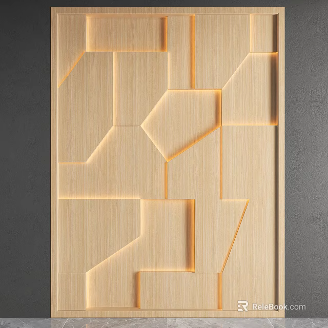 Geometric Wooden Bed Accent Wall With Integrated Lighting 3d model
