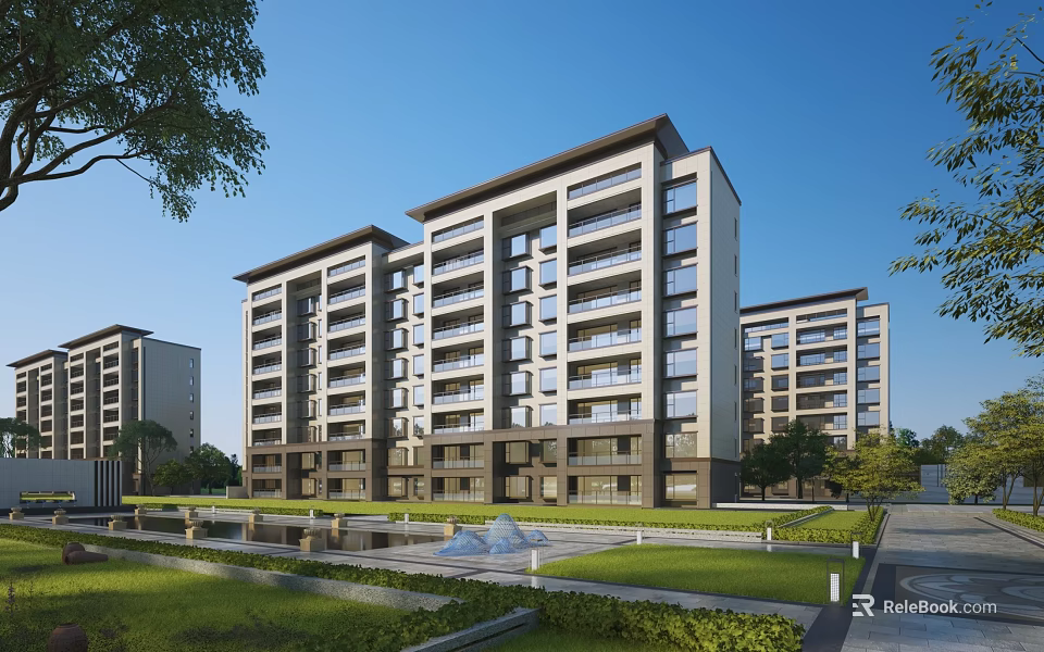 Modern Mid-rise Residential Building Exterior With Green Lawn Fountain And Trees 3d model 
