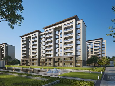 Modern Mid-rise Residential Building Exterior With Green Lawn Fountain And Trees 3d model