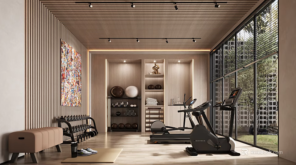Modern Home Gym Interior With Fitness Equipment And Wooden Ceiling 3d model 