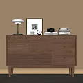 Natural Wood Console Cabinet With Table Lamp Photo Frame Books And Storage Drawers