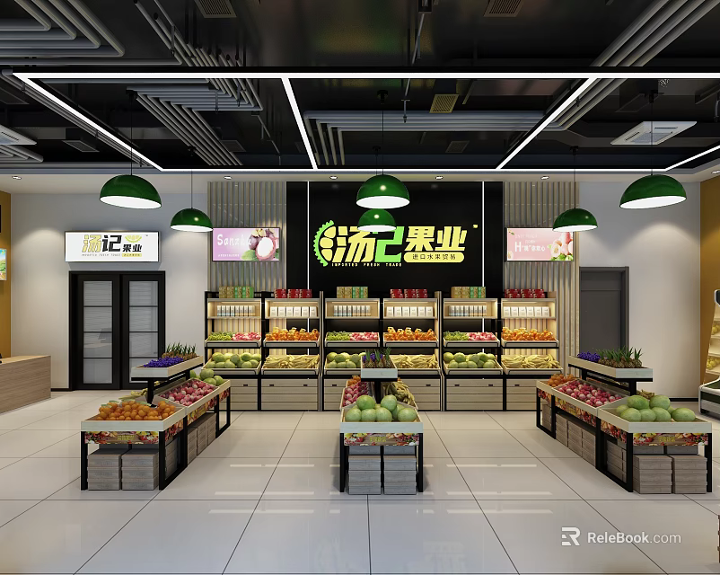 Lingyang Fruit Store Interior With Fresh Fruits Displayed On Shelves Green Pendant Lights And Refrigerator 3d model 