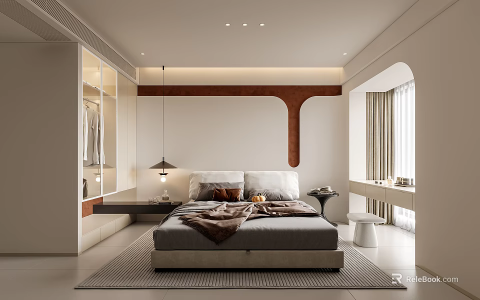 Modern Minimalist Bedroom Interior Design With Comfortable Bed Wooden Accents And Curtains 3d model 