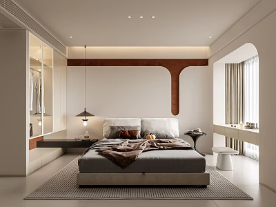 Modern Minimalist Bedroom Interior Design With Comfortable Bed Wooden Accents And Curtains 3d model