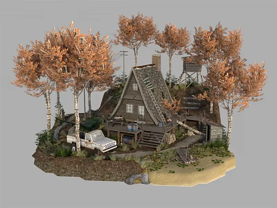Rustic Cabin Scene With Old Truck Surrounded By Autumn Trees And Grass Path 3d model