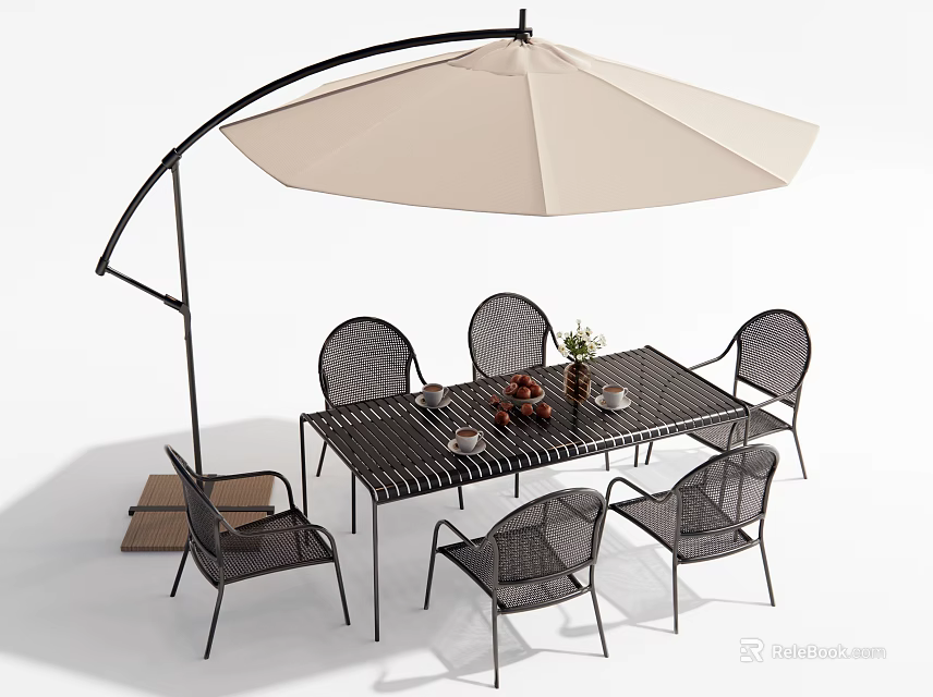 Modern Outdoor Table With Wicker Chairs And Beige Cantilever Umbrella Flower Vase Tableware 3d model 