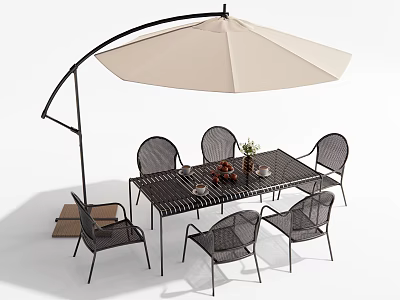 Modern Outdoor Table With Wicker Chairs And Beige Cantilever Umbrella Flower Vase Tableware 3d model
