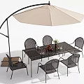 Modern Outdoor Table With Wicker Chairs And Beige Cantilever Umbrella Flower Vase Tableware
