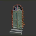 Architectural Red Brick Arched Frame With Green Wooden Door And Steps