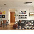 Modern Living Room Interior With Large TV Coffee Table Striped Rug And Decorative Shelves