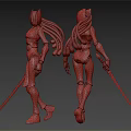 Two Blue Robot Characters With Long Black Braids And Swords In Mechanical Design