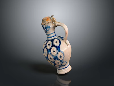 Traditional Ceramic Jug With Blue And White Circular Patterns Lid Spout And Handle 3d model