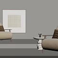 Leisure Sofa Set Beige Armchairs With Side Table And Grid Pattern Wall Art 3d model